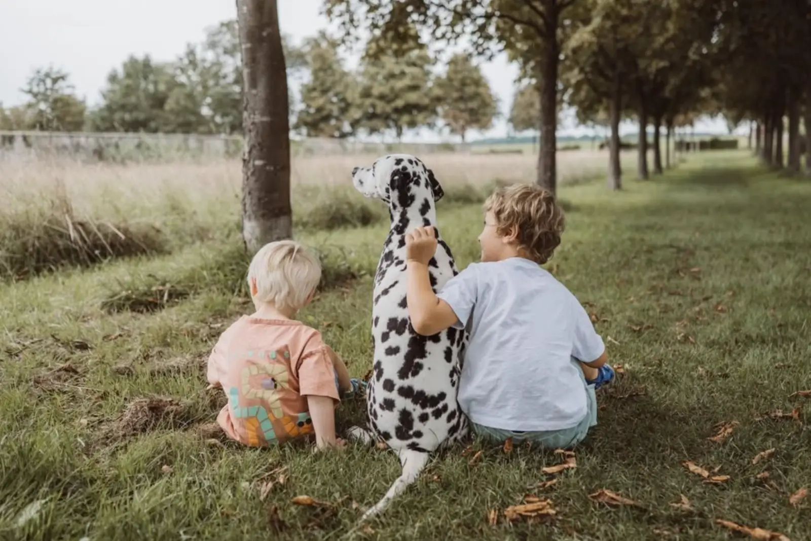 Zwei Kinder sitzen auf dem Gras und schauen gemeinsam mit einem Hund in die Ferne.